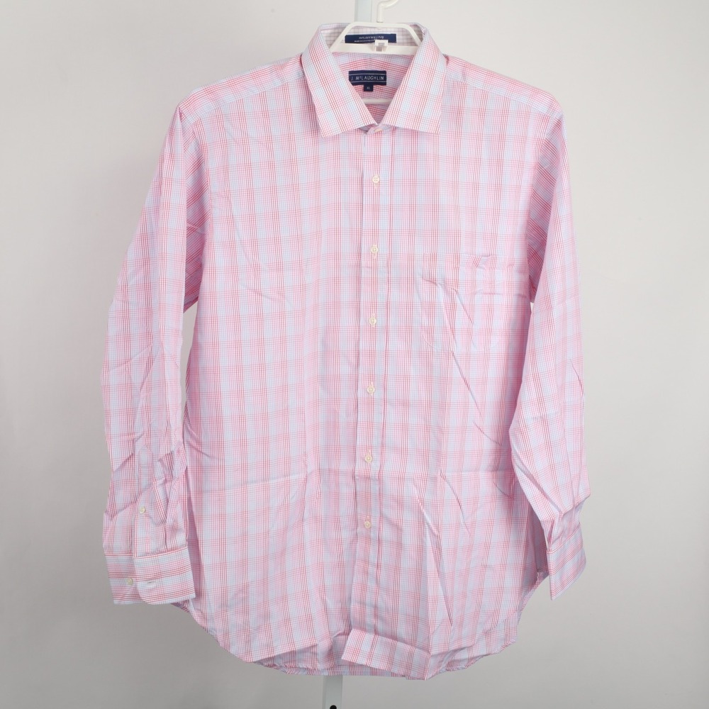 J McLaughlin Shirt Mens XL Red Blue Pink Mini Check Plaid Button Up Cotton Dress - Picture 2 of 11